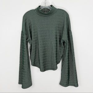 Free People Beach Flare Sleeve Mock Neck Striped Top Large Green